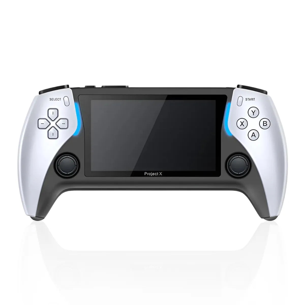Front view of 2Bluebox Project X retro handheld game console showing 4.3 inch IPS display and ergonomic white casing.